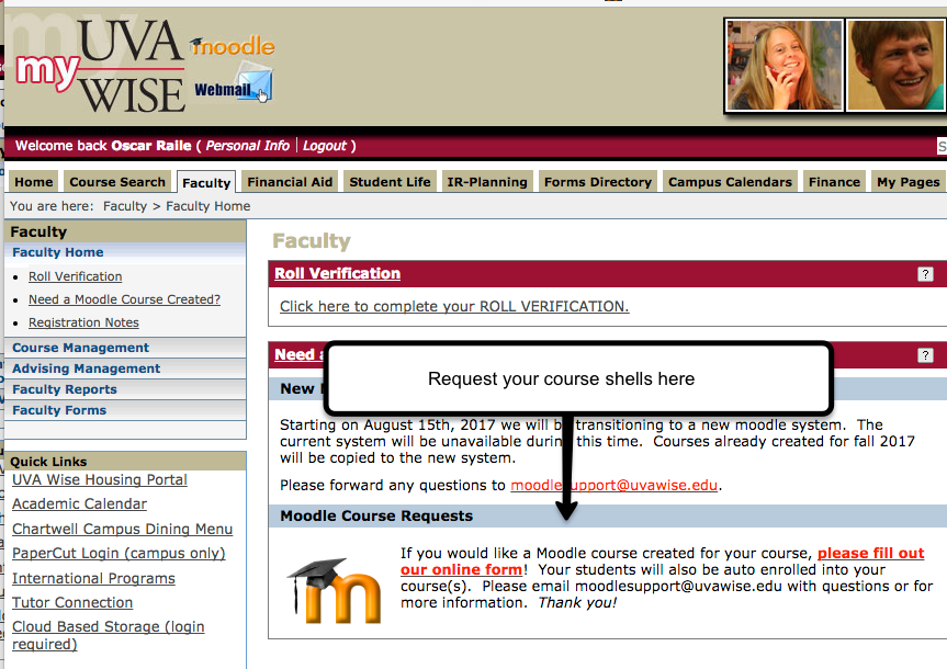 screen shot of Faculty page on the Student Information System
