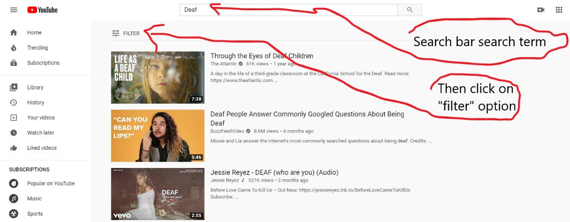 Screen capture image of a YouTube search result, using the search term "Deaf",  and highlighting the position of the Filter function to filter results for different characteristics of the videos.